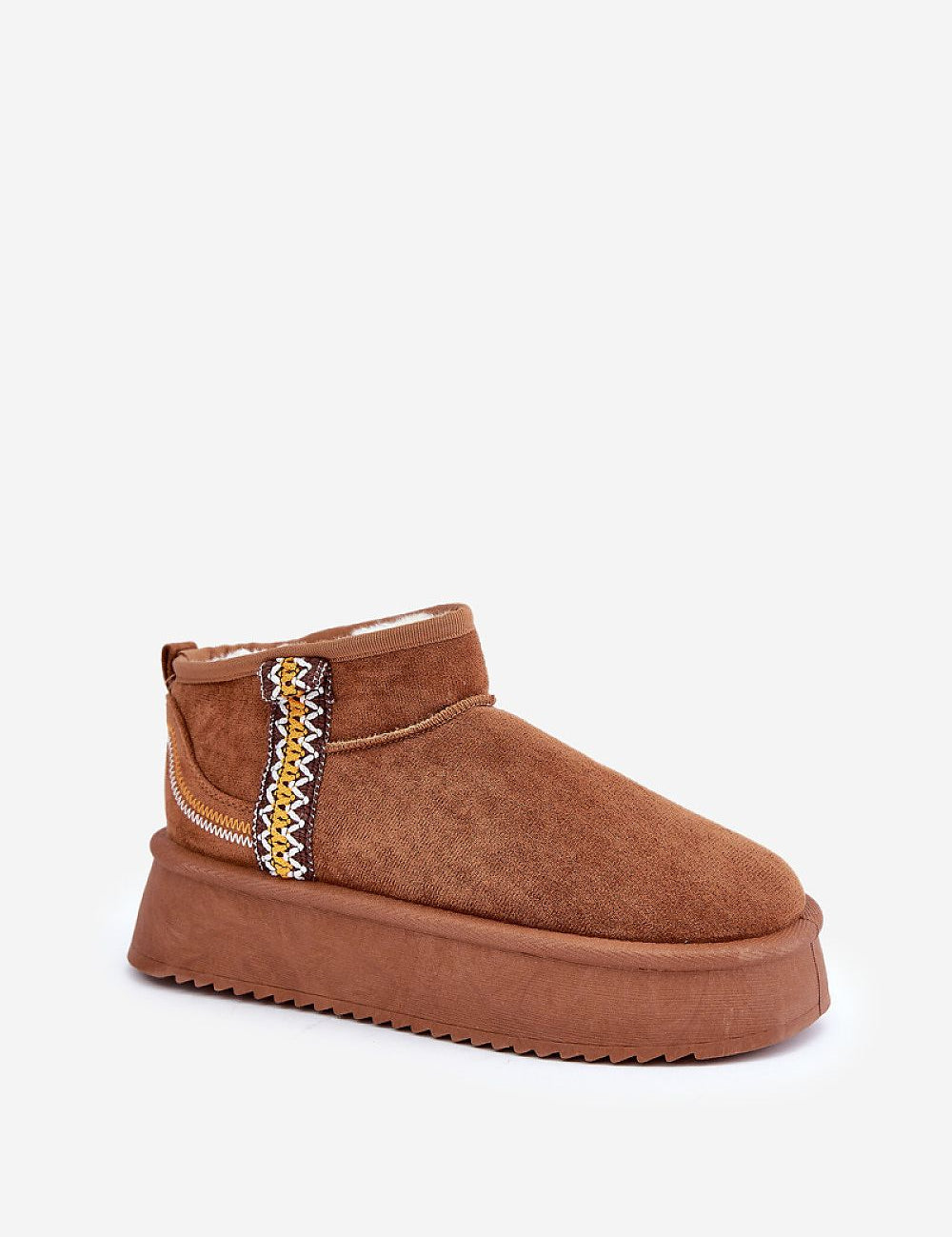 Azmira Aztec Platform Snow Boots in brown eco suede, ankle-high with Aztec pattern, plush fur lining, and 4 cm platform for warmth.