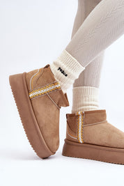 Azmira Aztec Platform Snow Boots in tan eco suede with Aztec pattern, plush fur lining, and thick platform for warmth and style.