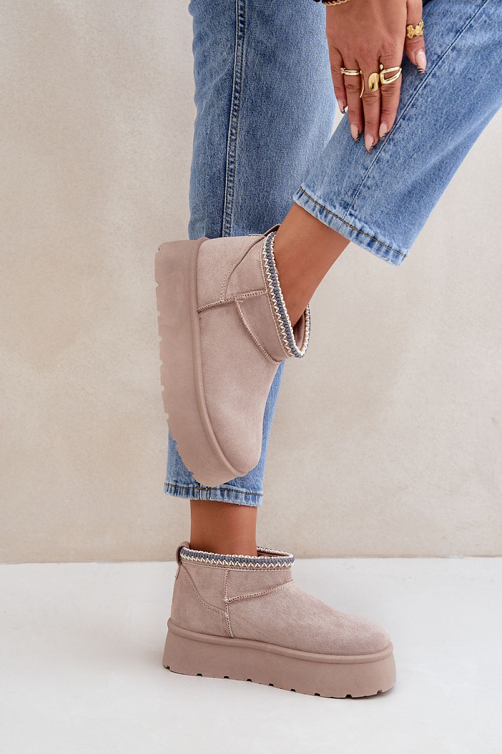 Auraline Embroidered Suede Snow Boots with eco suede, embroidered details, fur lining, and 4 cm platform for winter comfort.