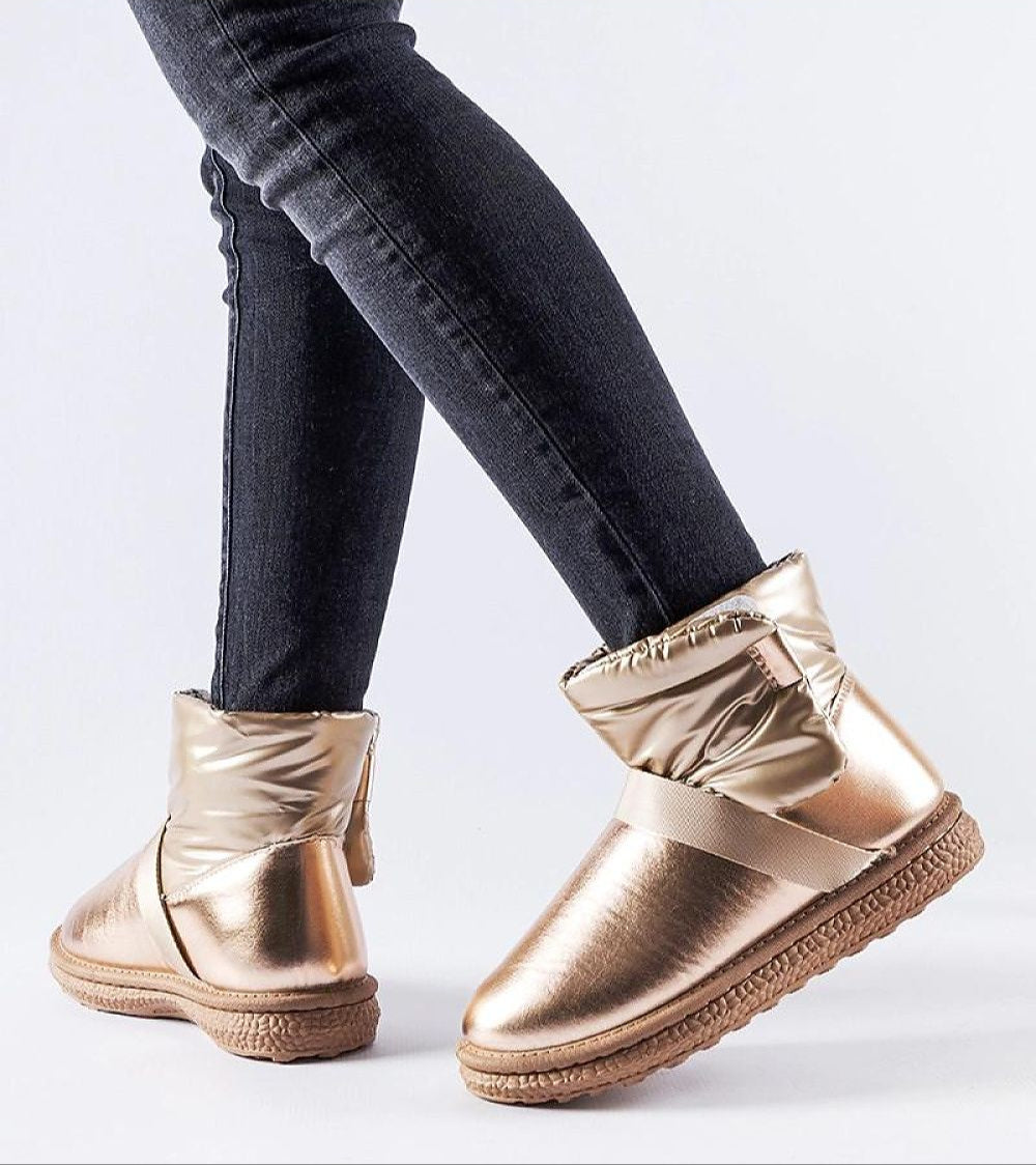 Brivona Glossy Velcro Snow Boots in gold, featuring a rounded toe and 3 cm platform, perfect for warm and dry winter wear.