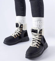 Alt Tag: Drosmere Platform Work Boots with high ankle cut, laced closure, and stitched detailing, ideal for cooler weather.