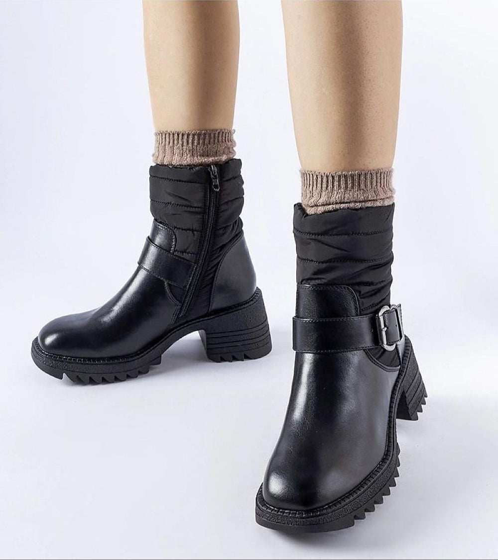 Cirelline Winter Zip Boots with modern square toe, block heel, side zipper, and insulated lining for warmth and style.