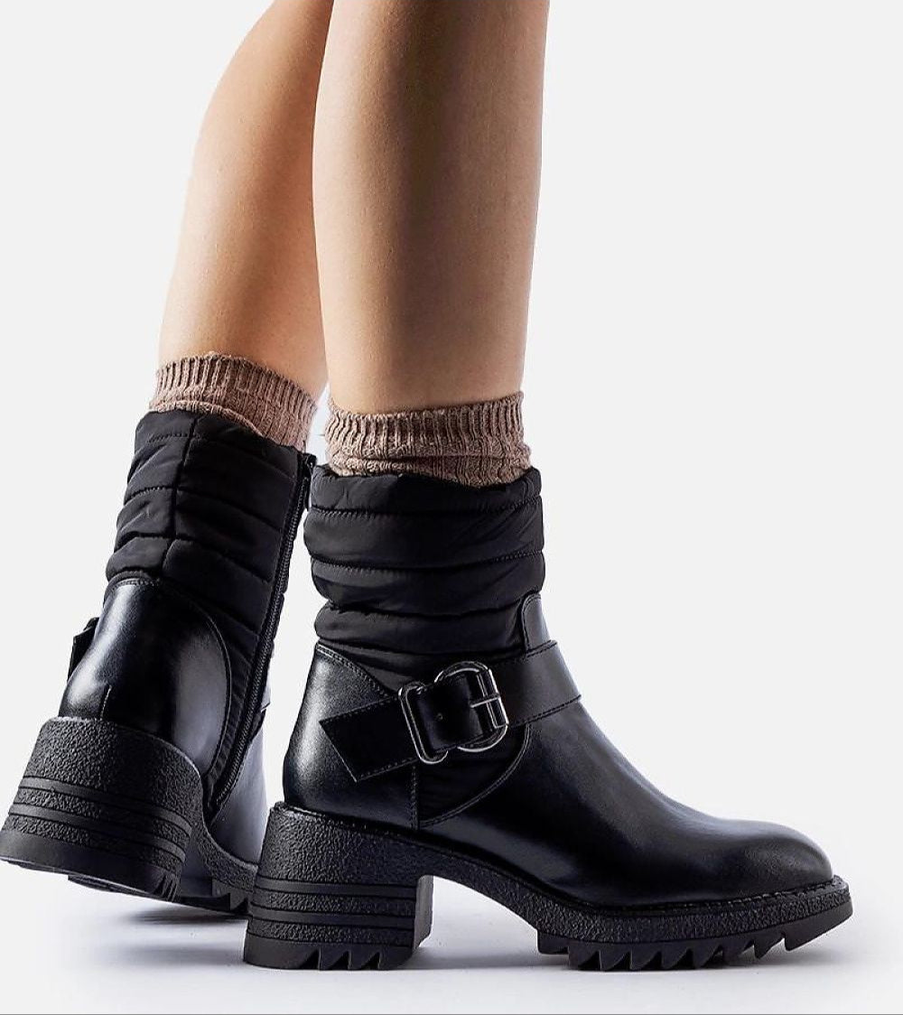 Cirelline Winter Zip Boots with square toe, side zipper, insulated lining, and block heel, offering style and warmth.