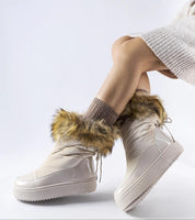 Woman wearing Igne Fur-Lined Winter Boots with faux fur collar and slip-on design, perfect for cold weather fashion and comfort.