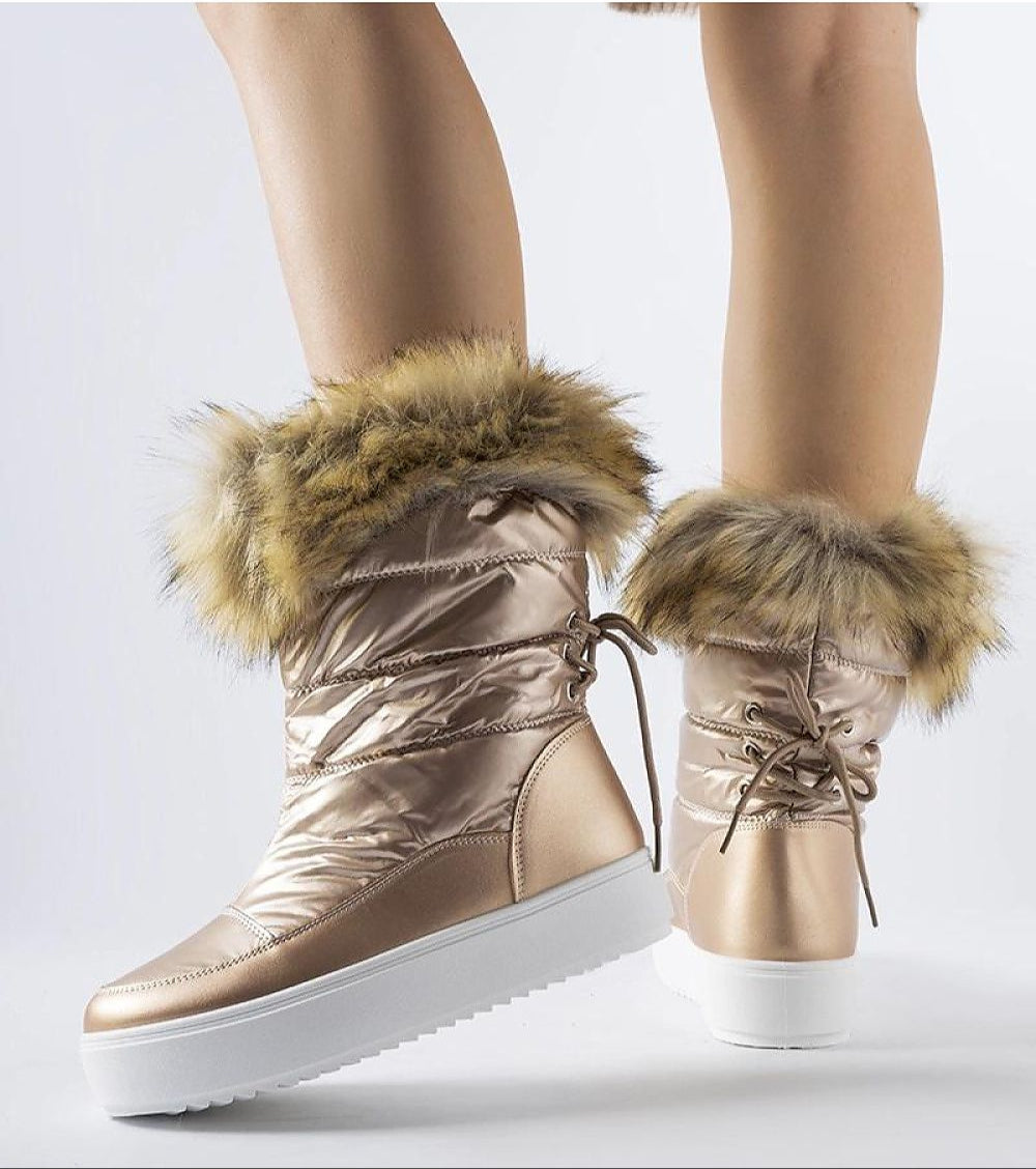 Gold Igne Fur-Lined Winter Boots with faux fur collar, slip-on design, and comfortable rounded toe suitable for cold weather fashion.