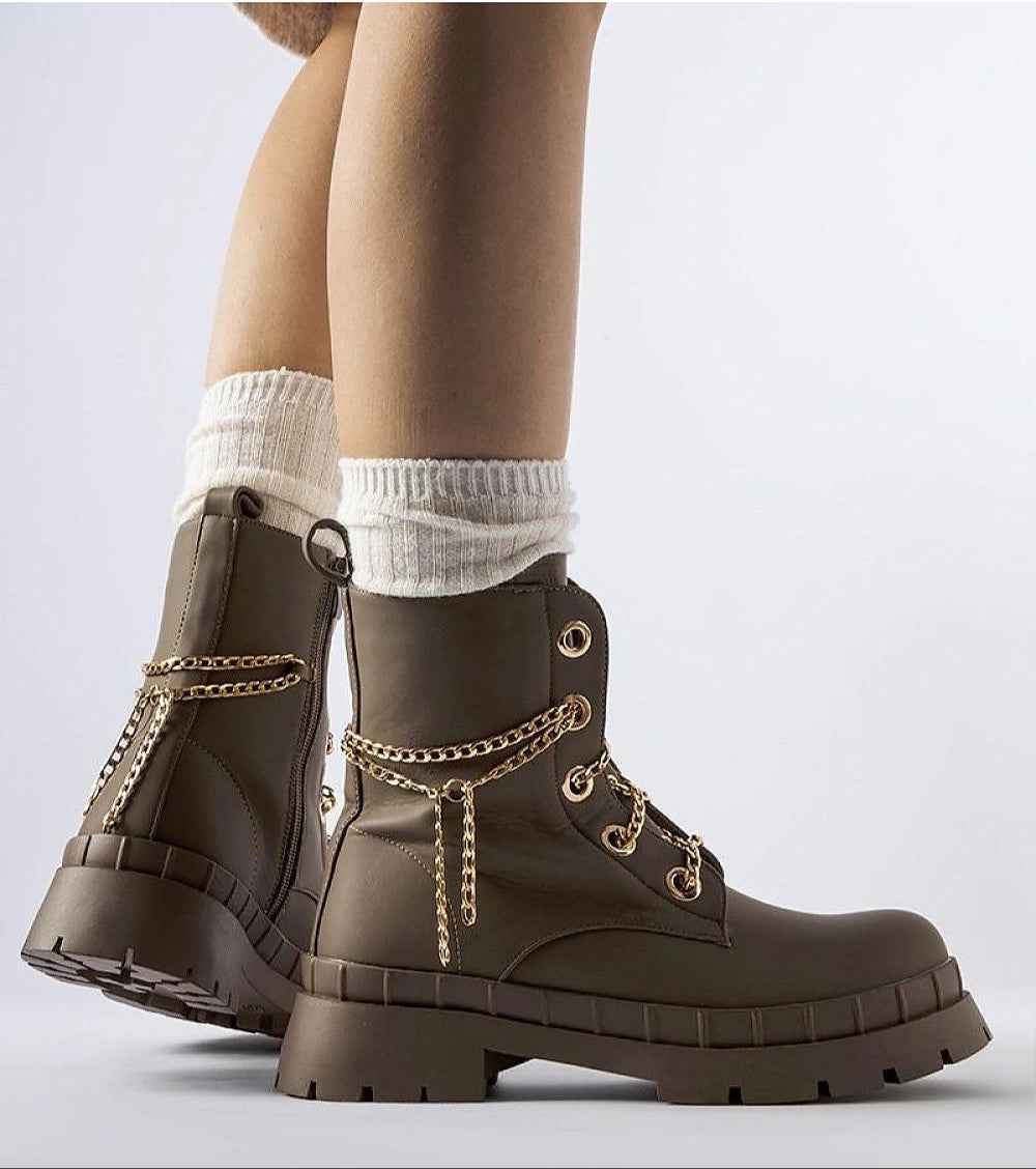 Alt Tag: Alcinéa Chain-Detail Ankle Boots with chunky sole and medium heel, showcasing stylish fall design with lace-up and zipper feature.