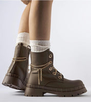 Alt Tag: Alcinéa Chain-Detail Ankle Boots with chunky sole and medium heel, showcasing stylish fall design with lace-up and zipper feature.