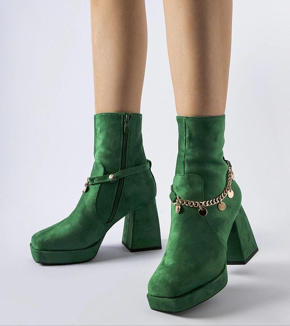 Green Zelmira square-toe heel boots with pendant detail and 9 cm heel, crafted from eco leather for elegant winter style.