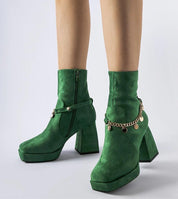 Green Zelmira square-toe heel boots with pendant detail and 9 cm heel, crafted from eco leather for elegant winter style.