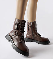 Verlira insulated trapper ankle boots in brown eco leather with removable pouch, side zipper, and black rubber sole.