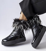 Lureysa Big Star black insulated snow boots with fur trim and high-gloss patent finish, featuring slip-on design and 4 cm sole