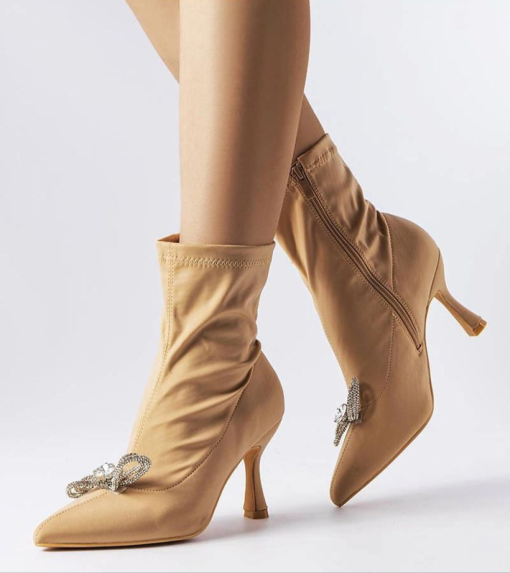 Beige Serelune rhinestone bow heel boots with side zipper and 8 cm heel elevate style and posture, ideal for autumn and winter wear.