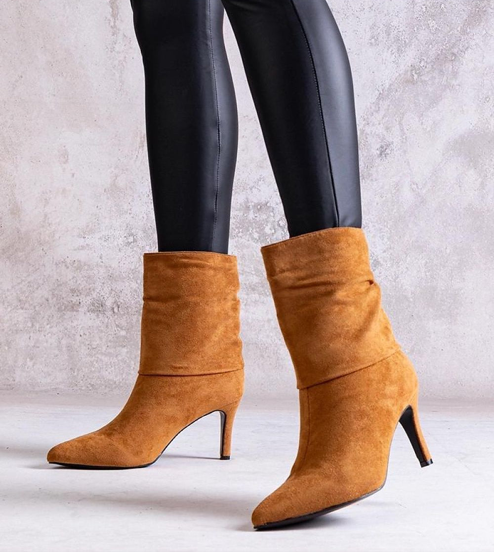 Narelle stiletto heel boots in brown suede, showcasing slim shaft and sleek silhouette, perfect for stylish cold-weather wear.