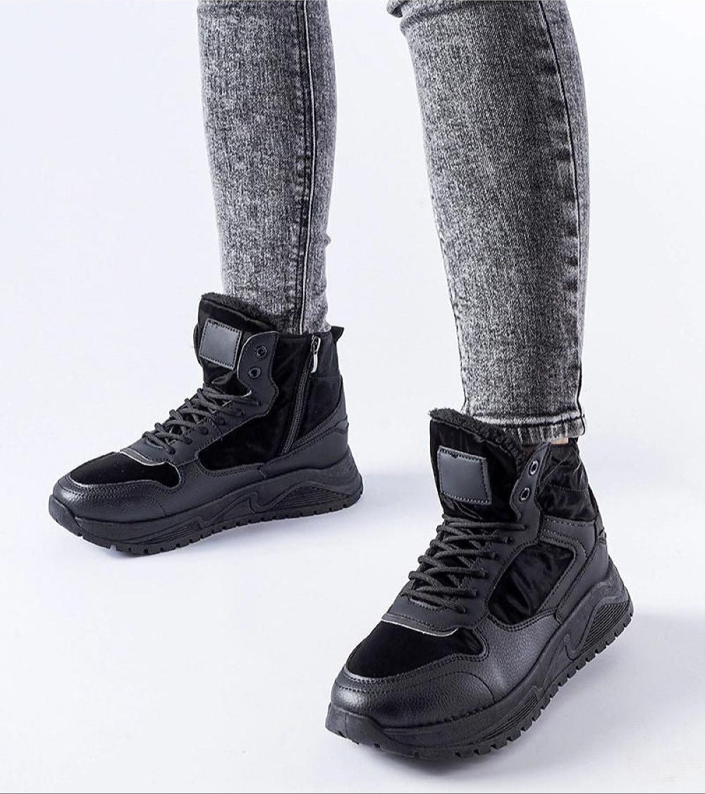 Black Tharmin Winter Lace-Up Sneakers with eco leather, high-top design, insulated lining, and durable rubber sole for cold weather