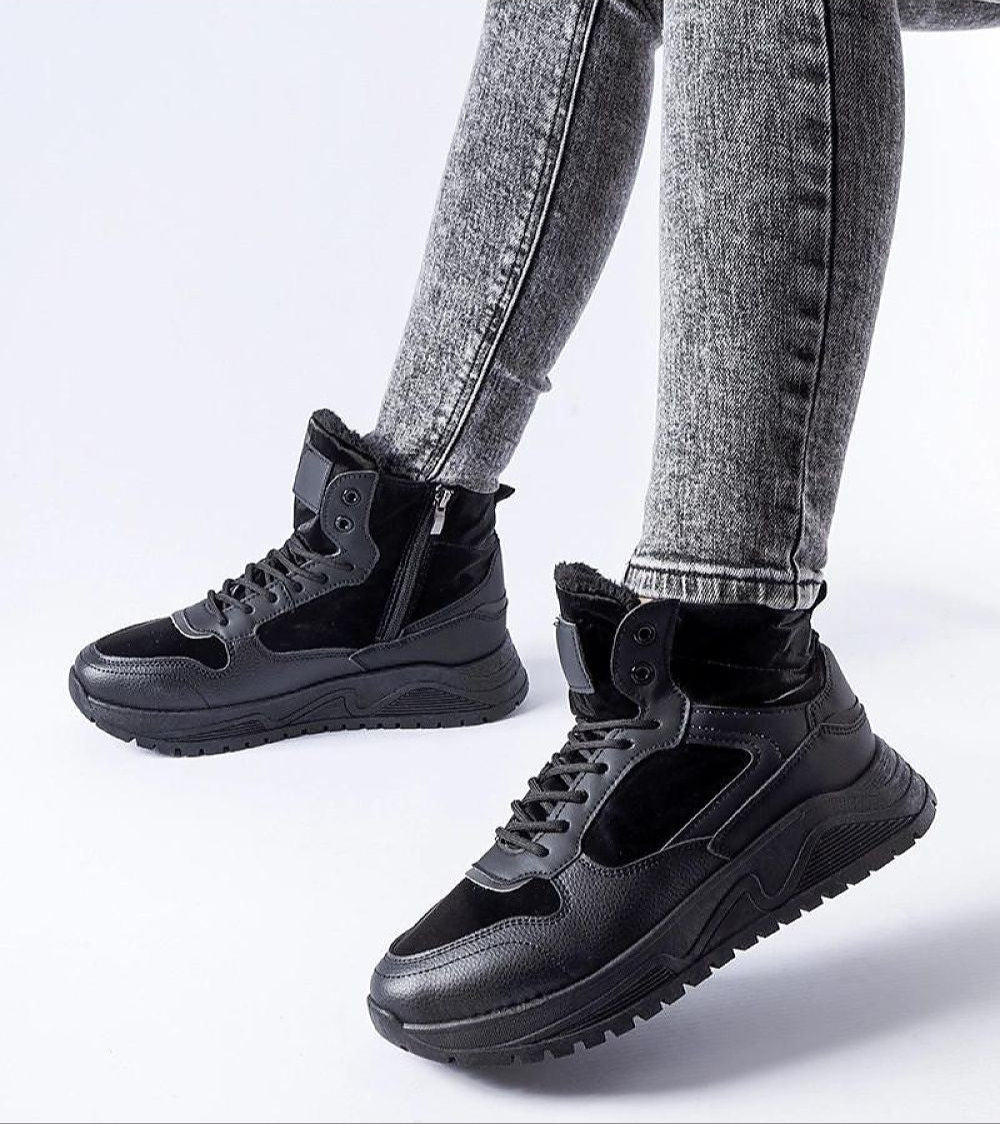 Tharmin Winter Lace-Up Sneakers in black, showcasing eco leather design and rubber sole for grip, perfect for cold weather comfort and style.
