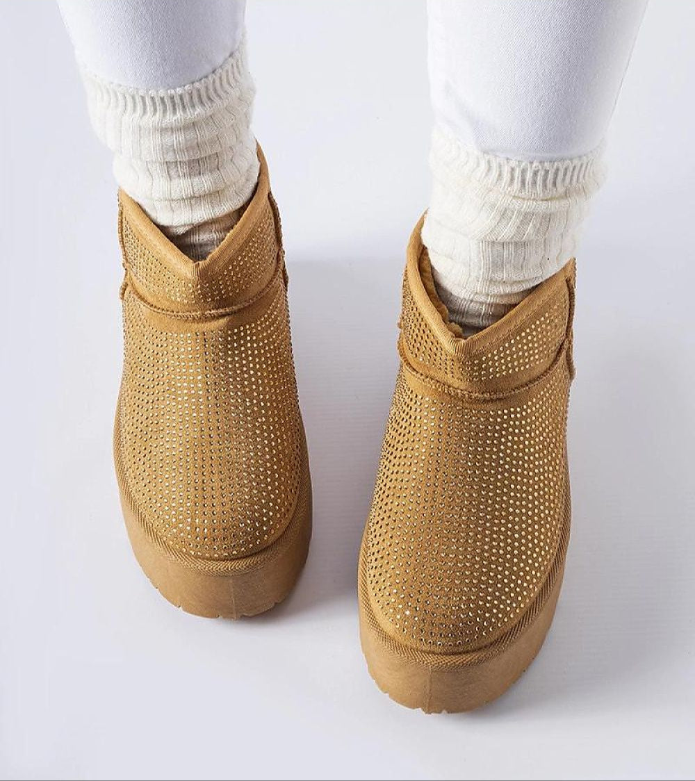 Velizia Platform Snow Boots with Zircons in tan, featuring insulated eco leather, slip-on style, and ankle-length cut for winter warmth.