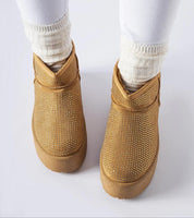 Velizia Platform Snow Boots with Zircons in tan, featuring insulated eco leather, slip-on style, and ankle-length cut for winter warmth.