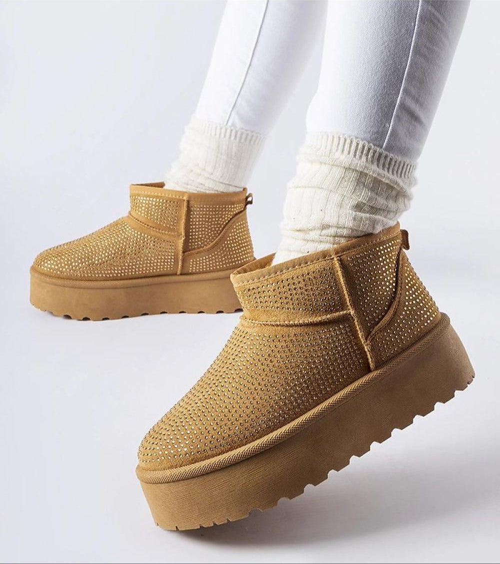 Velizia Platform Snow Boots with zircons, featuring a brown color, platform sole, and ankle-length design for warmth and style.