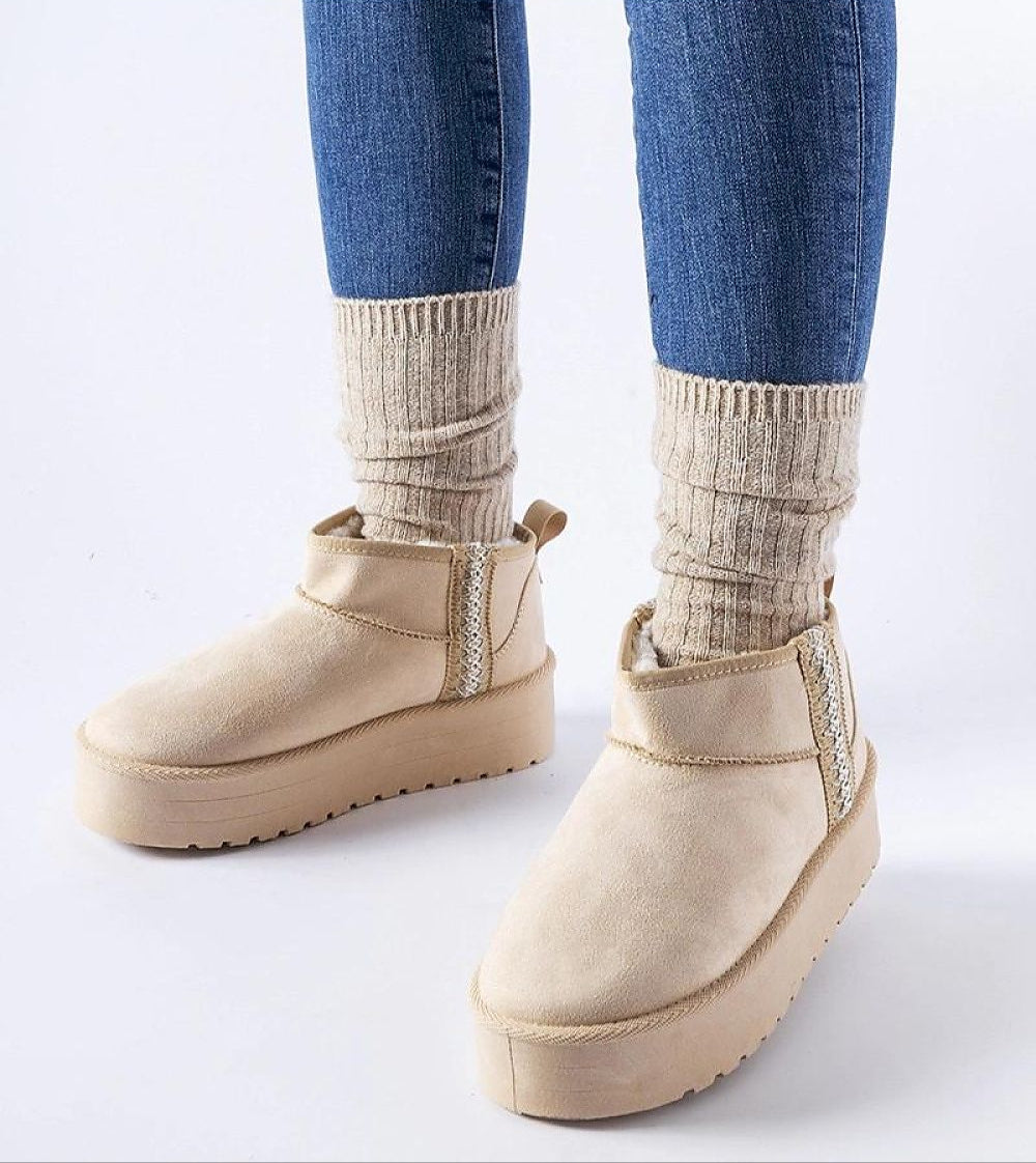Caldessa Platform Insulated Snow Boots in beige with knitted socks, featuring an eco-leather upper and elevated platform sole for warmth and style.