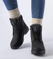 Black Arauja Waterproof Insulated Trappers with laces and side zipper, perfect for winter style and warmth.