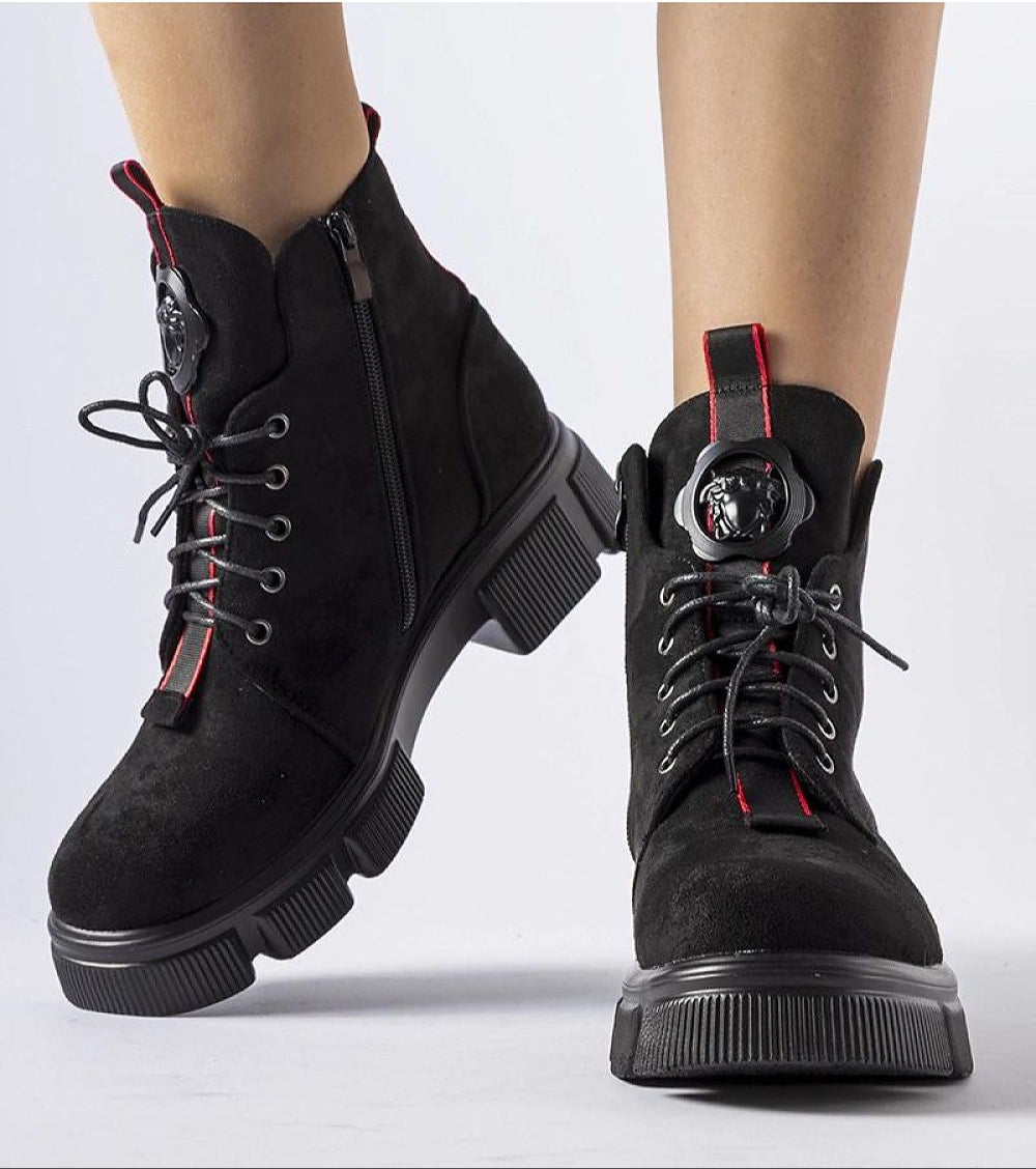 Monrency Convertible Heel Black Boots with red accents, side zippers, removable heel, and insulation for winter wear.