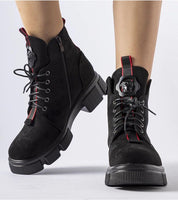 Monrency Convertible Heel Black Boots with red accents, side zippers, removable heel, and insulation for winter wear.