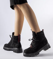 Monrency Convertible Heel Black Boots with red accents, side zipper, and removable heel, showcasing winter-ready versatility and style.