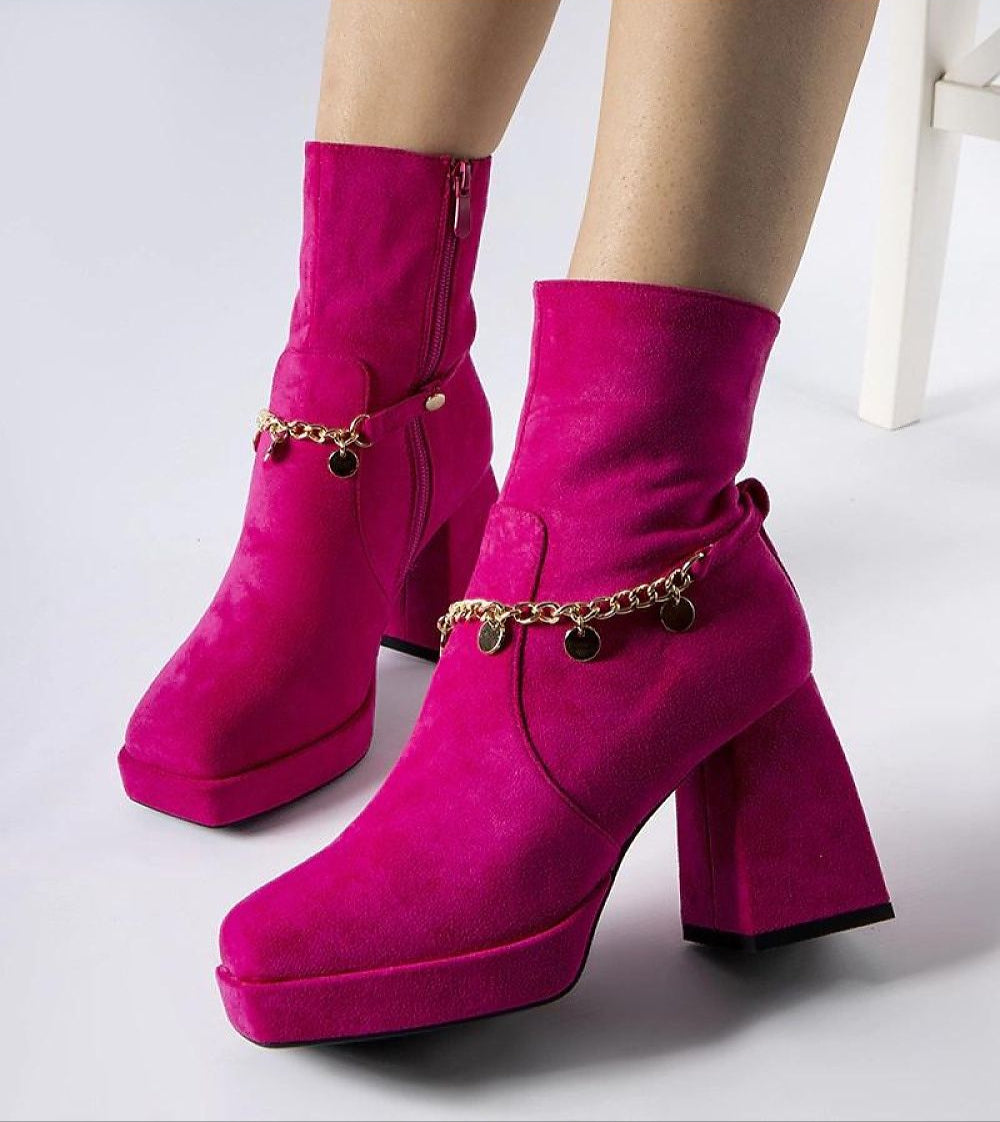 Bright pink square-toe heel boots with chain pendant detail, showcasing bold 9 cm heel and eco leather finish for winter elegance.