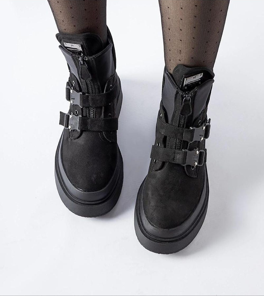 Norvella Buckled Platform Boots with eco leather, rounded toe, decorative buckles, side zipper, on grey background.