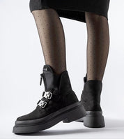 Norvella Buckled Platform Boots with 5 cm sole, eco leather, decorative buckles, side zipper, and warm lining worn by model.