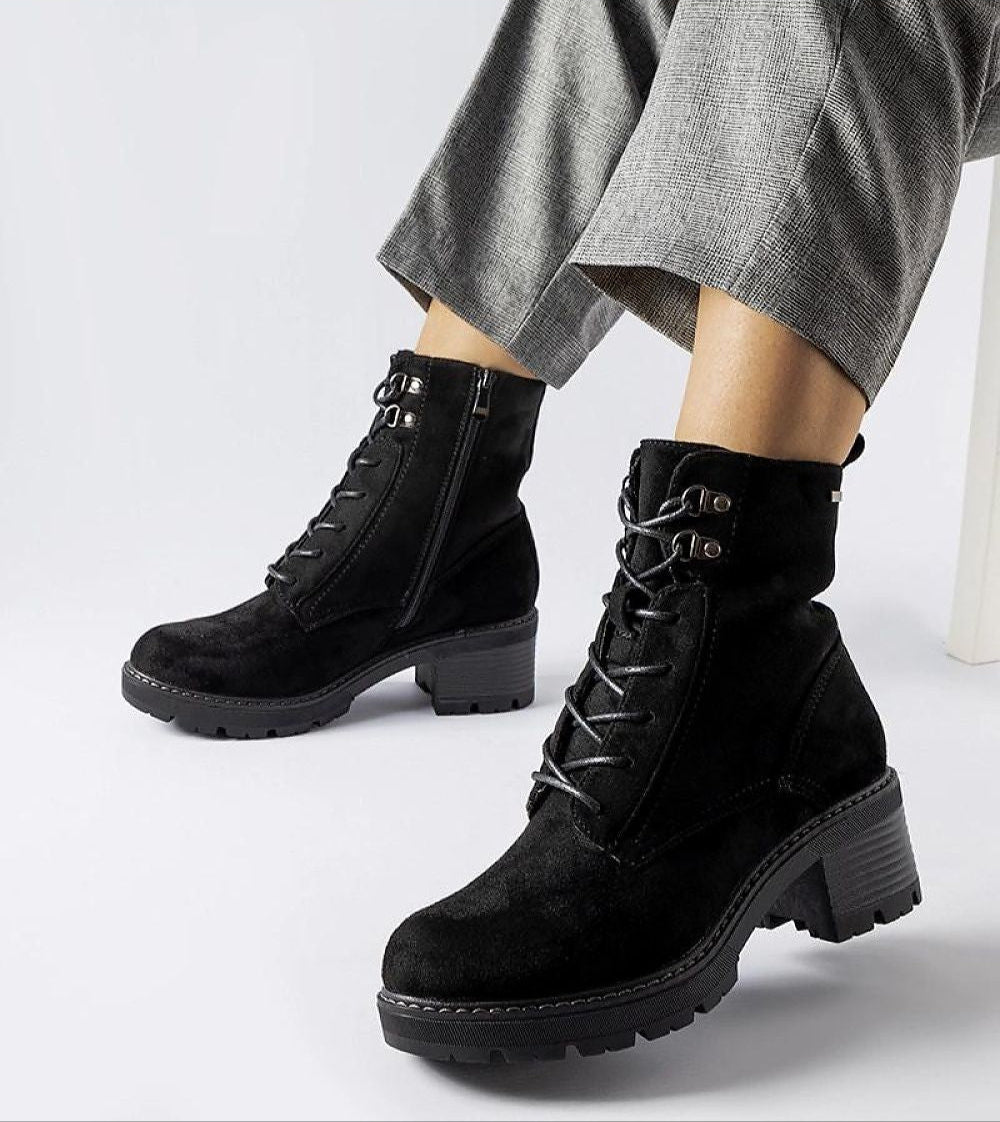 Clementina Block-Heel Winter Boots with eco leather, black suede, lace-up design, and side zipper for adjustable fit and comfort.