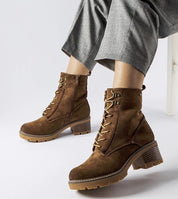 Clementina Block-Heel Winter Boots in brown eco leather with laces and side zipper, offering elegance and comfort for all-day wear.