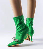 Serelune rhinestone bow heel boots in green with side zipper and sleek 8 cm heel, featuring a sparkling rhinestone bow detail for style.