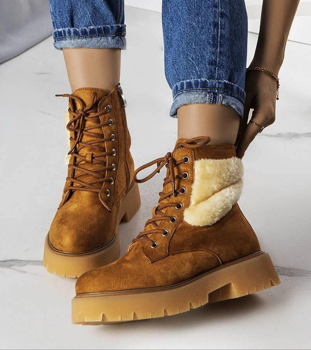 Arvenno brown fur-lined winter boots with faux fur lining, eco leather, thick rubber sole, ideal for casual denim or wool coat pairings.