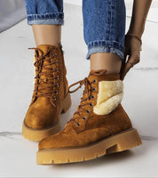 Arvenno brown fur-lined winter boots with faux fur lining, eco leather, thick rubber sole, ideal for casual denim or wool coat pairings.