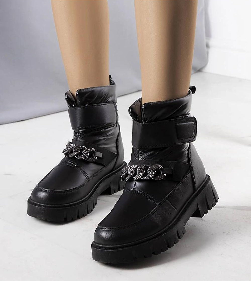 Bravoya Winter Chain Boots in black waterproof eco leather with faux fur lining, featuring Velcro fastening and high-grip rubber sole.