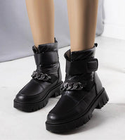 Bravoya Winter Chain Boots in black waterproof eco leather with faux fur lining, featuring Velcro fastening and high-grip rubber sole.