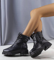 Andlina Waterproof Fur-Lined Snow Boots with high black sole, perfect for winter warmth and style, paired with eco leather and textile material.