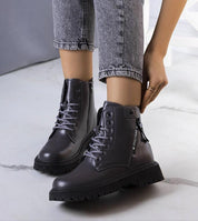 Anjura Gray Fur-Lined Winter Trappers featuring smooth eco leather, sturdy design, and rubber sole for stability and winter warmth.