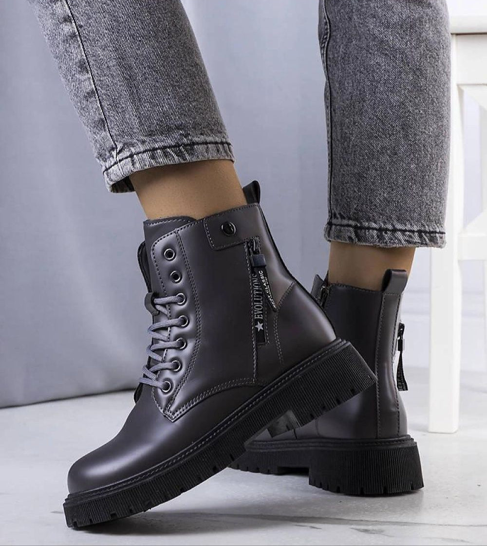 Anjura Gray Fur-Lined Winter Trappers with eco leather, tall upper, and flat rubber sole for style and stability in snowy conditions.