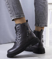 Anjura Gray Fur-Lined Winter Trappers with eco leather, tall upper, and flat rubber sole for style and stability in snowy conditions.