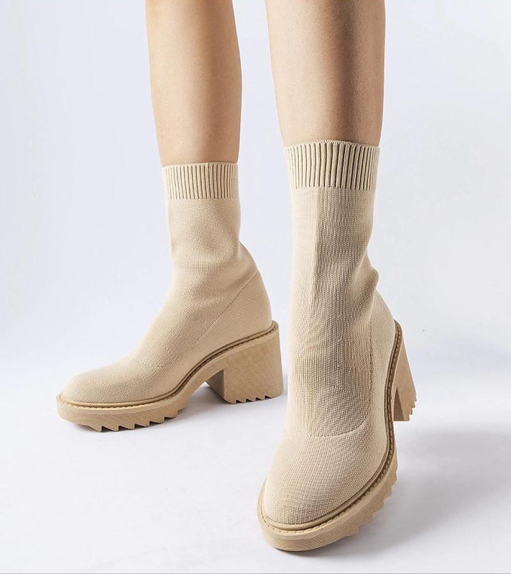 Merissia Beige Sock Ankle Boots with Heel, showcasing stylish design with flexible shaft and 7 cm heel, perfect for versatile wear.