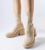 Merissia Beige Sock Ankle Boots with Heel, showcasing stylish design with flexible shaft and 7 cm heel, perfect for versatile wear.