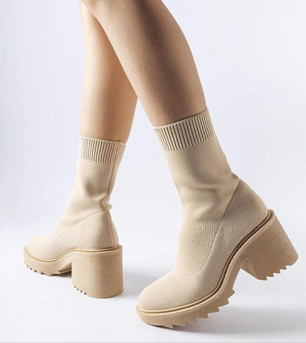 Merissia Beige Sock Ankle Boots with 7cm Heel offering elegant style and comfort with a flexible shaft for effortless autumn looks.