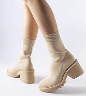 Merissia Beige Sock Ankle Boots with 7cm Heel offering elegant style and comfort with a flexible shaft for effortless autumn looks.