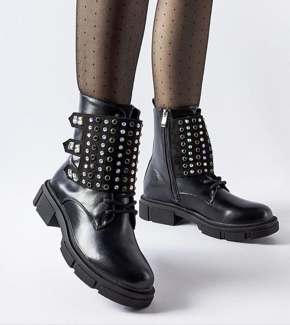 Elvare Black Rhinestone Ankle Boots with eco leather and side zipper, featuring sparkling rhinestones for a chic and feminine look.