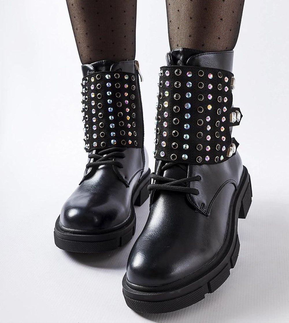 Elvare Black Rhinestone Ankle Boots in eco leather with round toe and side zipper; sparkling rhinestones add feminine glamour.