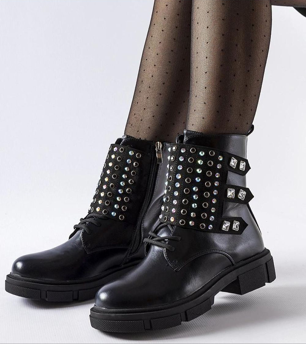 Elvare Black Rhinestone Ankle Boots in eco leather with side zipper, adorned with sparkling rhinestones, against white background
