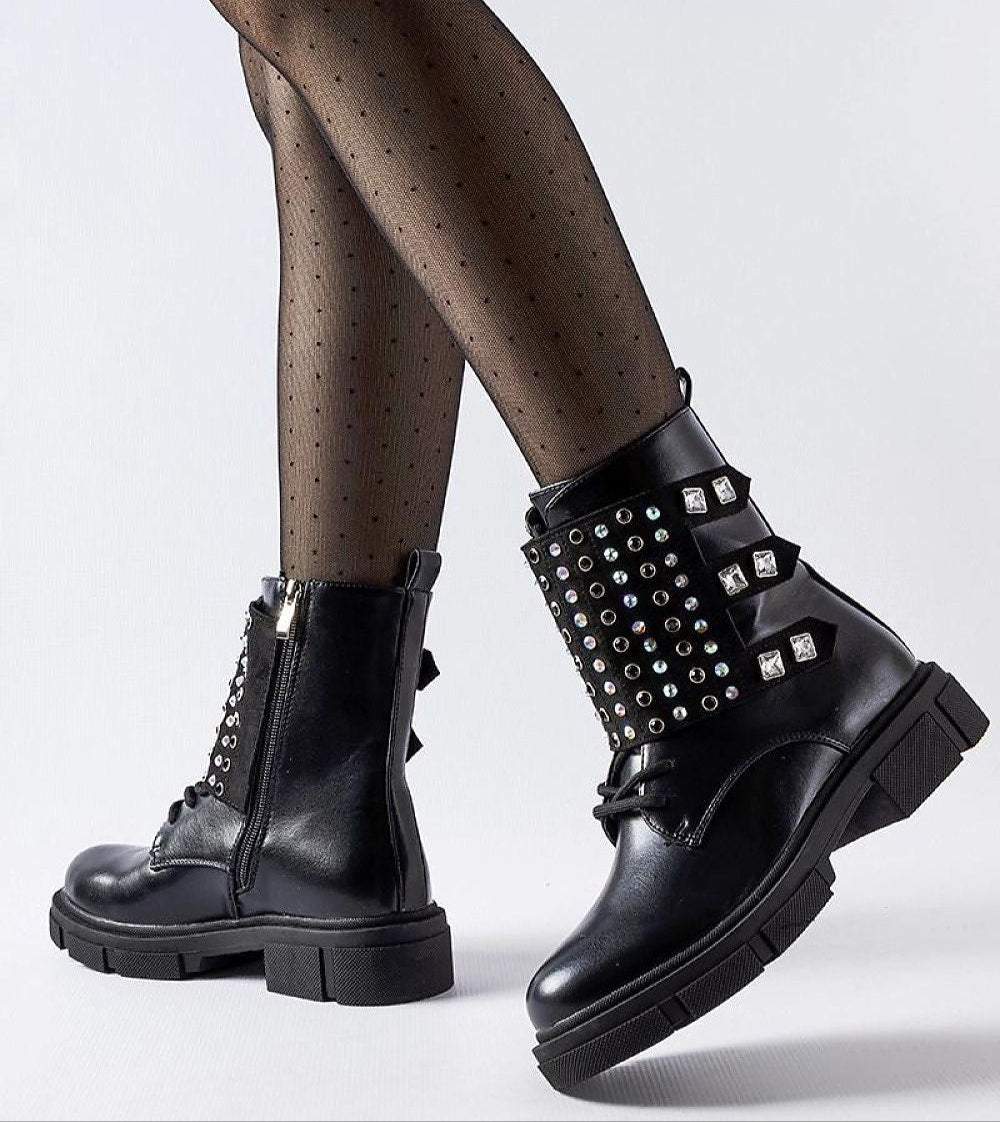 Black rhinestone ankle boots with eco leather and side zipper, featuring a flat heel and minimalist design for effortless style.