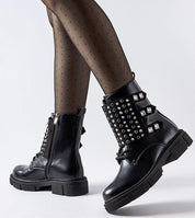 Black rhinestone ankle boots with eco leather and side zipper, featuring a flat heel and minimalist design for effortless style.